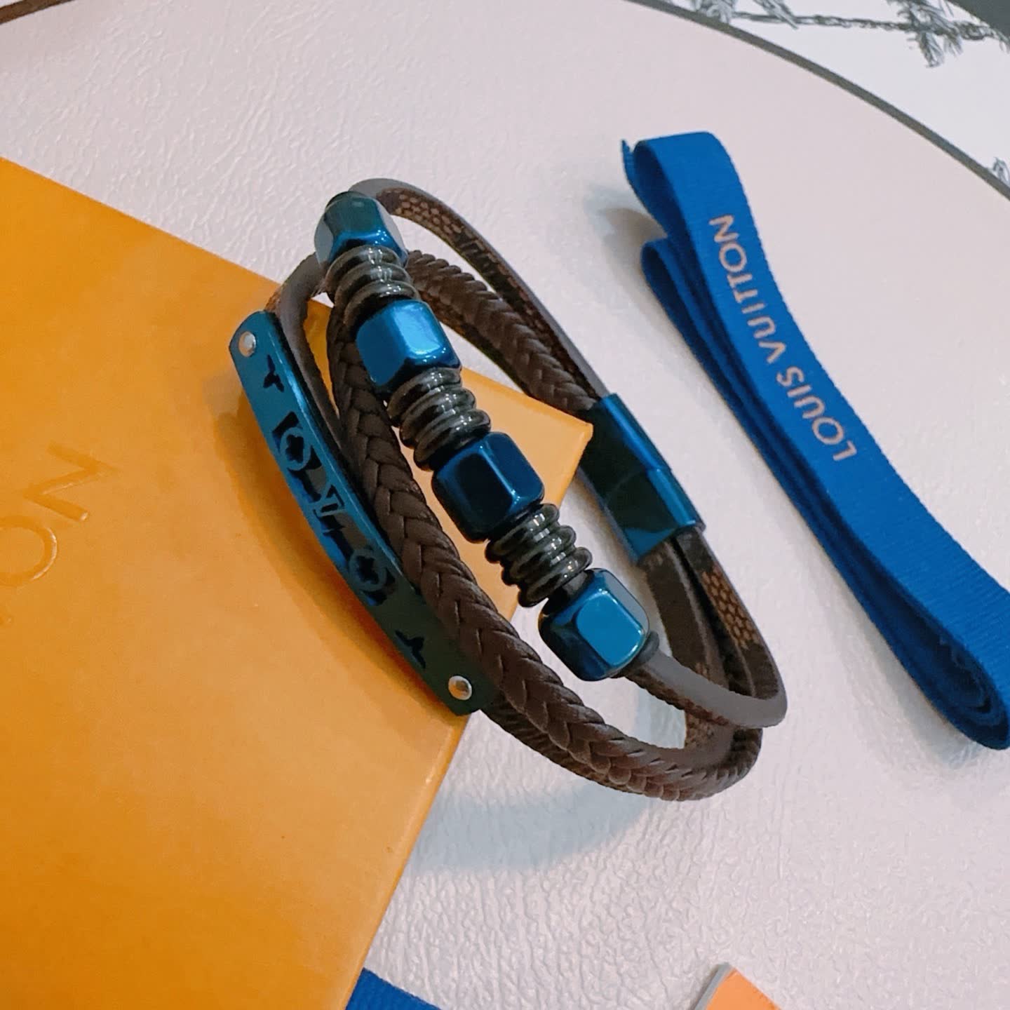 Louis Vuitton Brown Leather and Blue Bead Bracelet